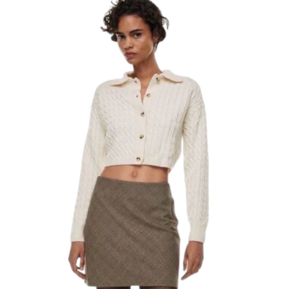 Wilfred Cable Knit Cardigan Women XS Ivory Merino Wool Cropped Collared Sweater